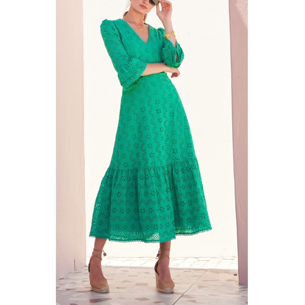 Aspiga Victoria Broderie Dress Womens Medium Green Eyelet Cotton V-Neck Tiered